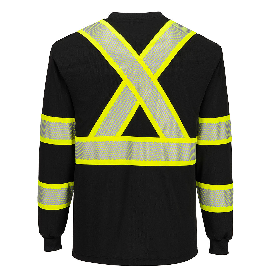Black safety shirt with reflective yellow stripes and X back from Glowsafetyvest