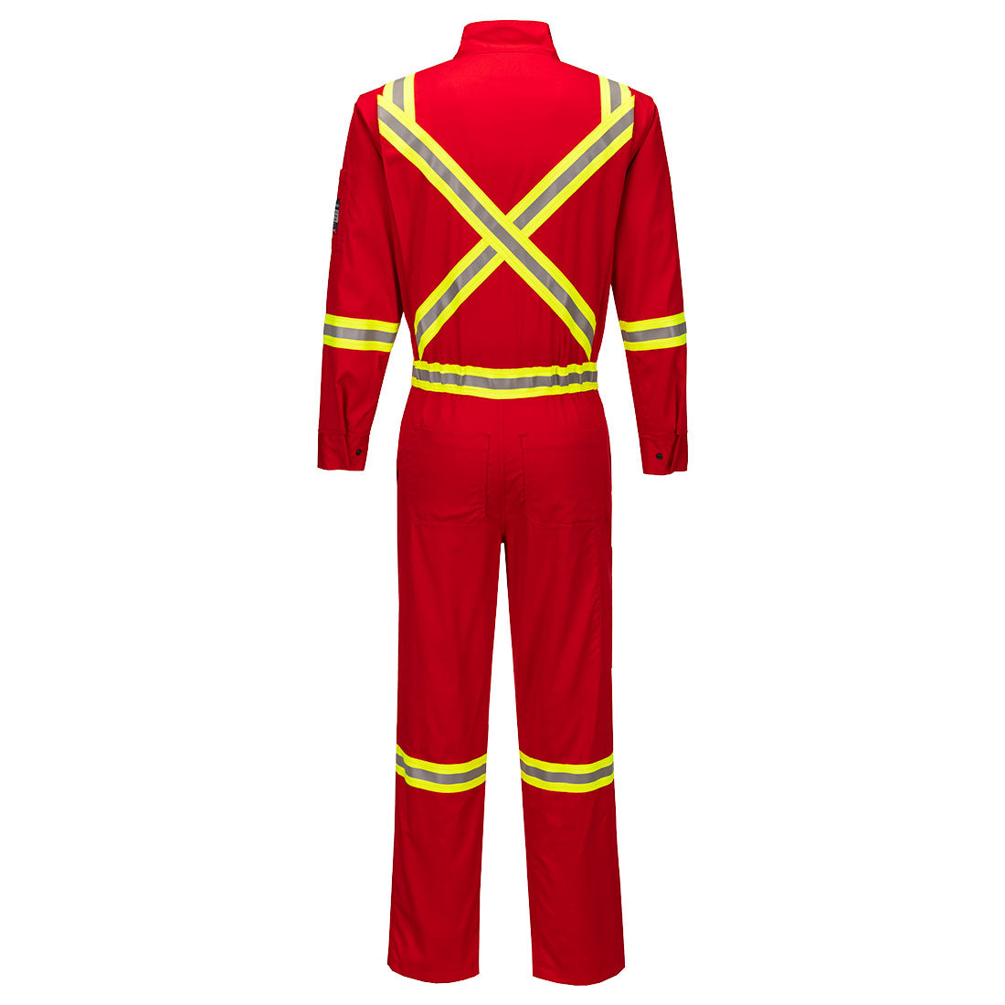 Red safety jumpsuit with reflective yellow stripes on a white background