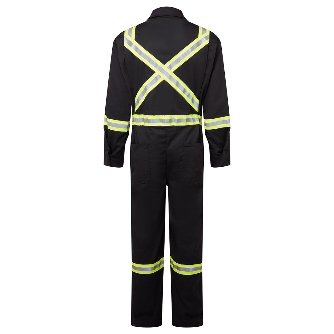 Black coverall with reflective yellow stripes on a white background