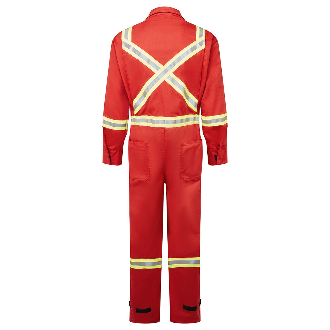 Red safety coverall with reflective stripes on a white background