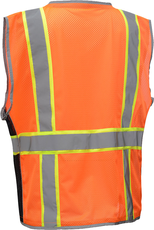 Orange mesh safety vest with reflective tape and pockets from GlowSafetyVest