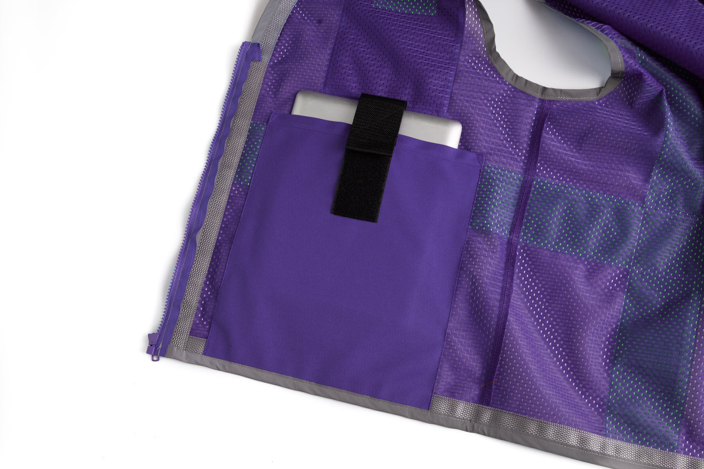Purple mesh safety vest with silver reflective stripes from GlowSafetyVest