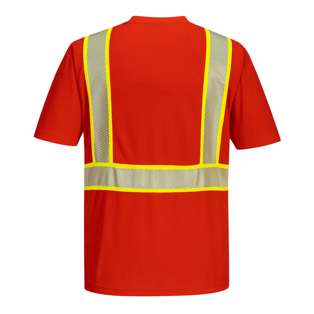 Red safety shirt with segmented reflective yellow and gray tape from GlowSafetyVest