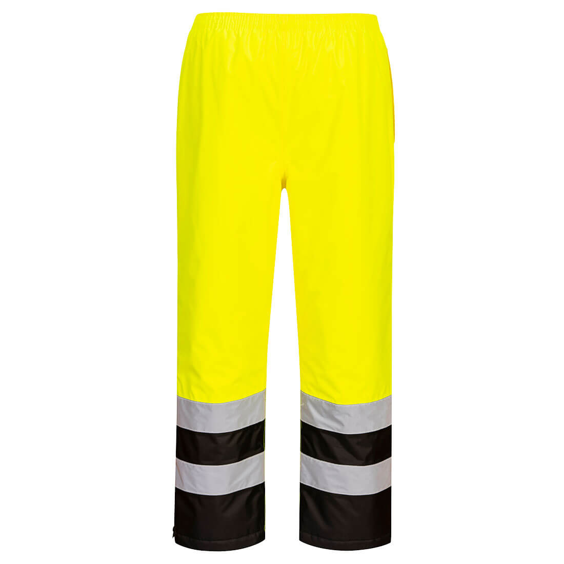 Yellow and black high-visibility safety pants with reflective stripes from GlowSafetyVest