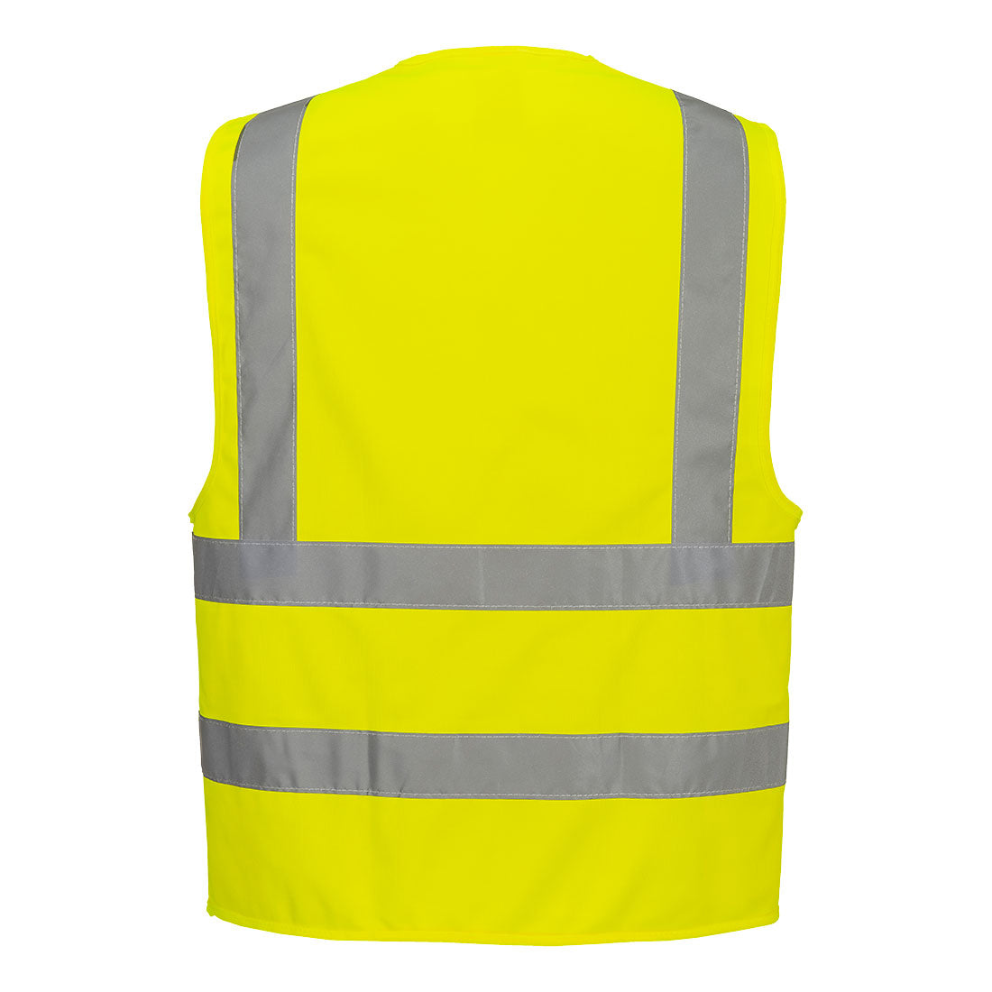 Yellow low cost safety vest with hook and loop closure and reflective tape from GlowSafetyVest