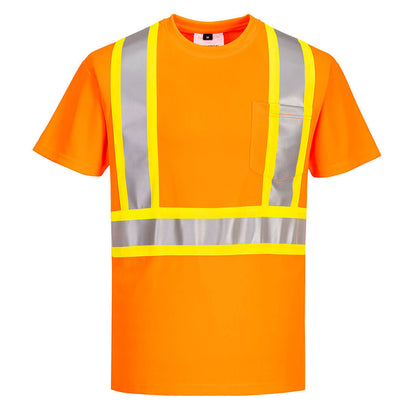 Custom Orange High-Visibility Pocket T-Shirt – Reflective X-Back ANSI & CSA