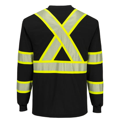 Black safety shirt with reflective yellow stripes and X back from Glowsafetyvest