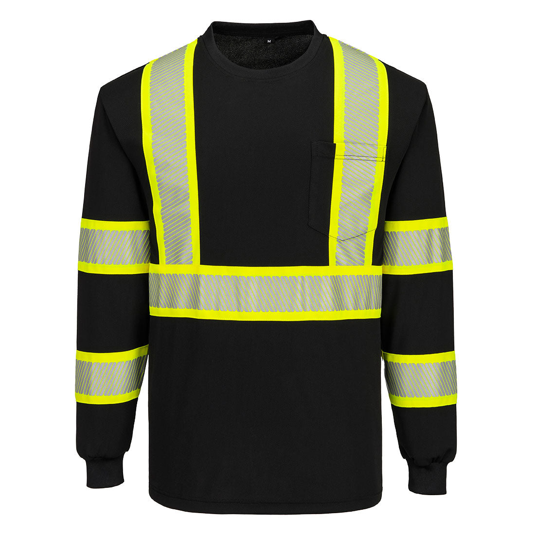 Black long-sleeve shirt with reflective yellow and silver stripes from Glowsafetyvest