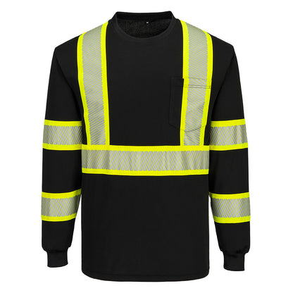 Black long-sleeve shirt with reflective yellow and silver stripes from Glowsafetyvest