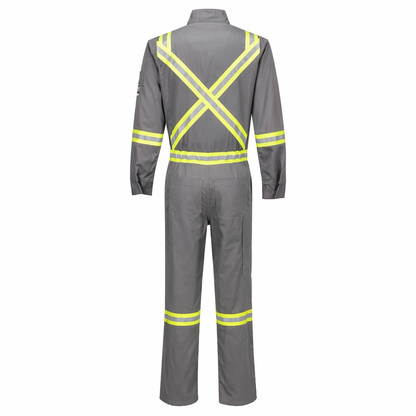 Gray safety coverall with yellow reflective stripes on a white background