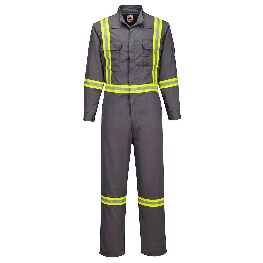 Gray coverall with yellow reflective stripes on a white background