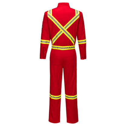Red safety jumpsuit with reflective yellow stripes on a white background
