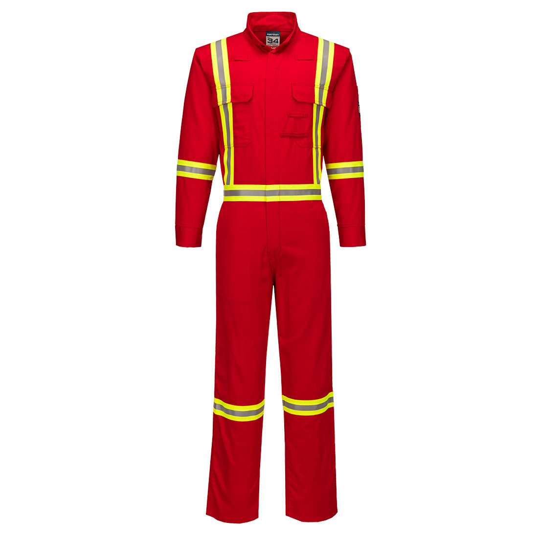 Red safety coverall with reflective yellow stripes on a white background
