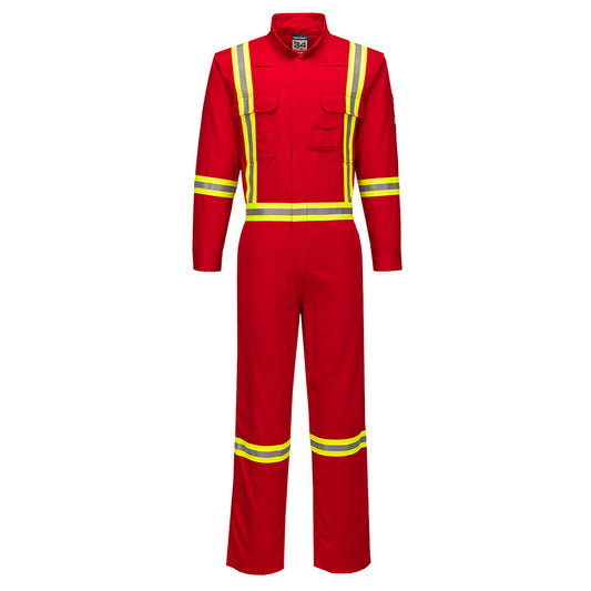 Red safety coverall with reflective yellow stripes on a white background