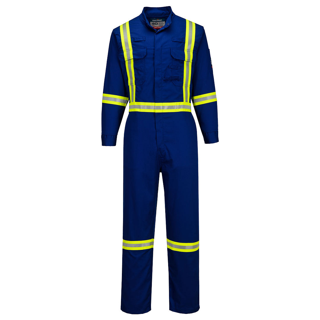 Blue coverall with reflective yellow and silver stripes on a white background
