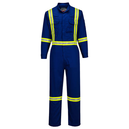 Blue coverall with reflective yellow and silver stripes on a white background