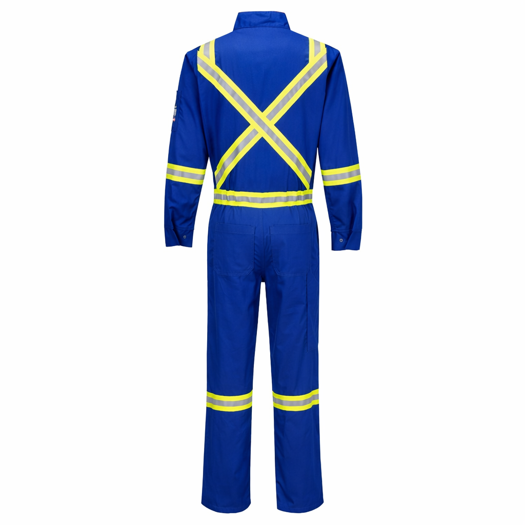 Blue safety coverall with reflective yellow stripes on a white background