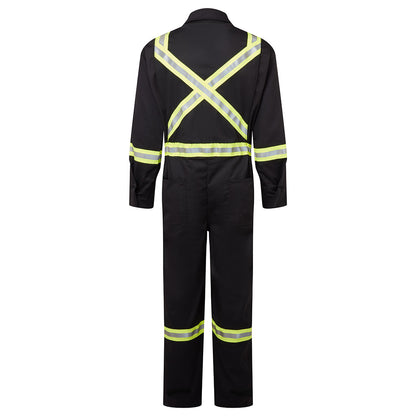 Black coverall with reflective yellow stripes on a white background