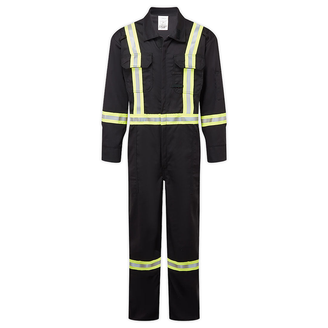 Black coverall with reflective yellow stripes on a white background