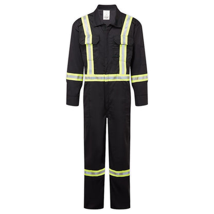 Black coverall with reflective yellow stripes on a white background