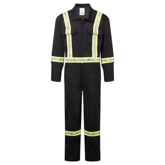 Black coverall with reflective yellow stripes on a white background