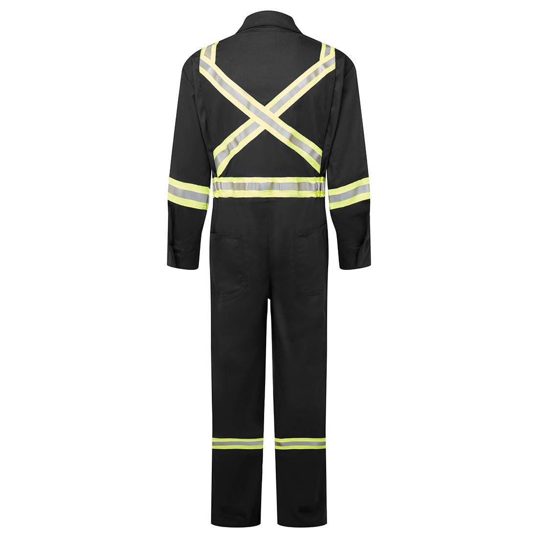 Black coverall with reflective yellow stripes on a white background