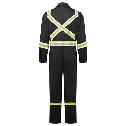 Black coverall with reflective yellow stripes on a white background