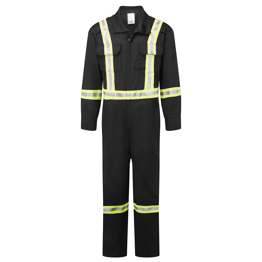 Black coverall with reflective yellow stripes on a white background