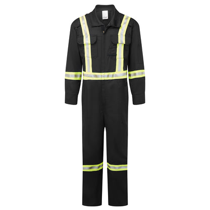 Black coverall with reflective yellow stripes on a white background