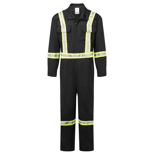 Black coverall with reflective yellow stripes on a white background