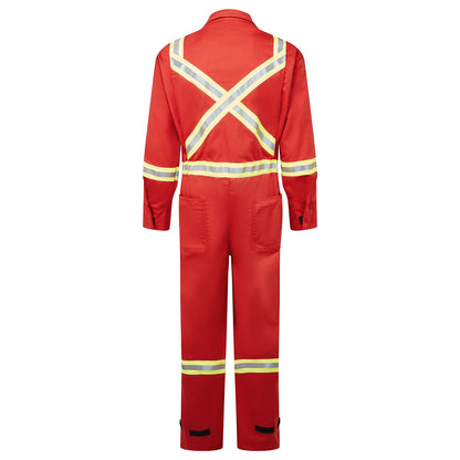 Red safety coverall with reflective stripes on a white background