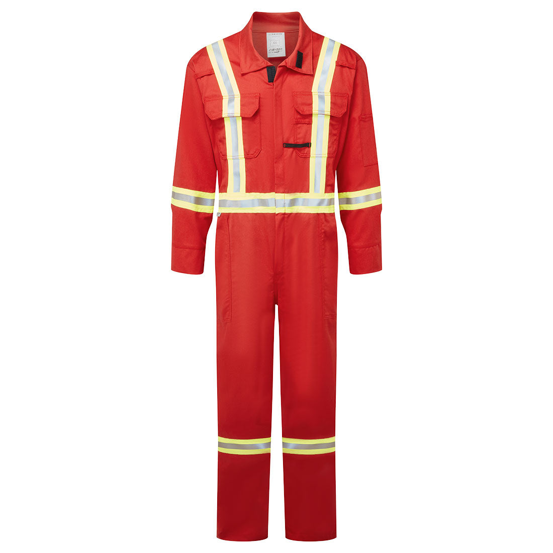 Red safety coverall with reflective stripes on a white background