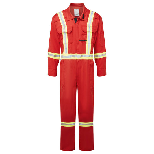 Red safety coverall with reflective stripes on a white background
