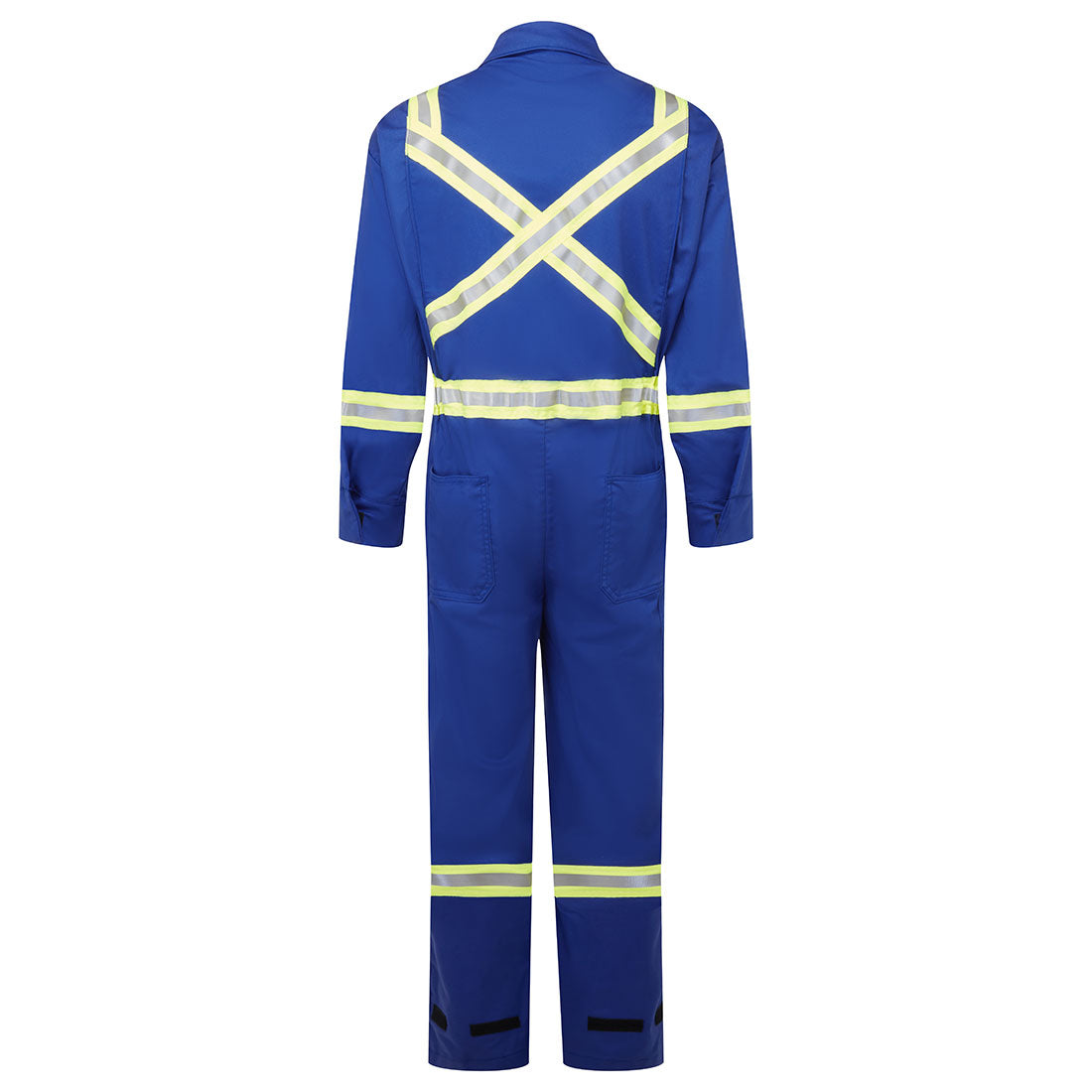 Blue coverall with reflective stripes on a white background
