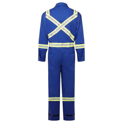Blue coverall with reflective stripes on a white background