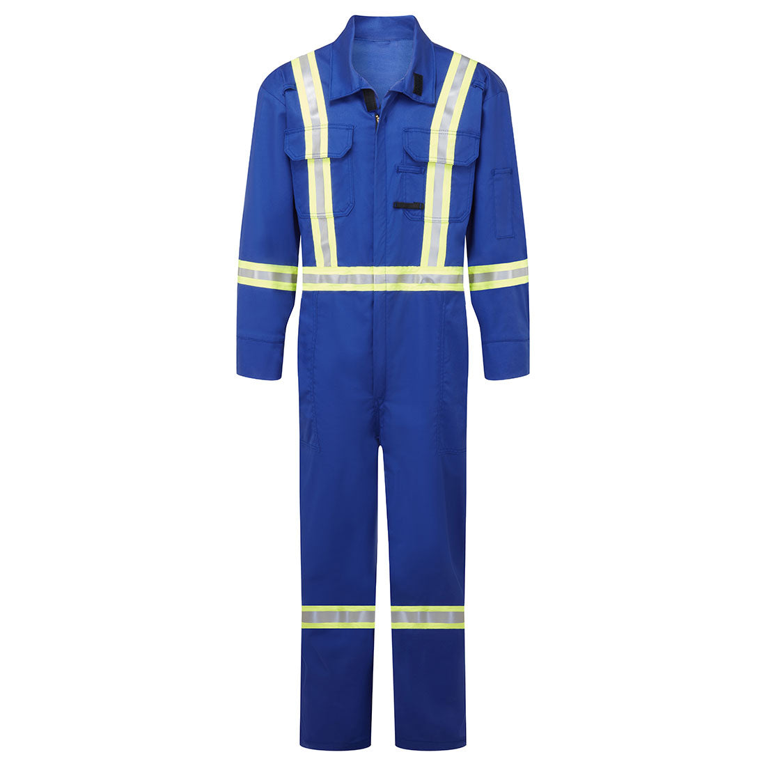 Blue coverall with reflective stripes on a white background