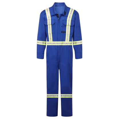 Blue coverall with reflective stripes on a white background