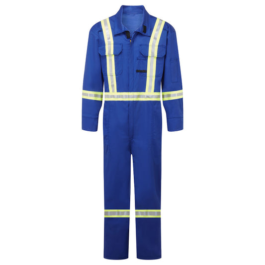 Blue coverall with reflective stripes on a white background