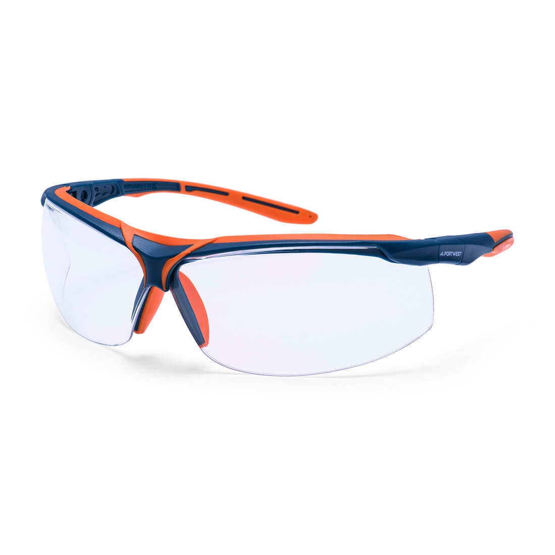 Clear Safety Sunglasses with orange and blue frame from Glowsafetyvest