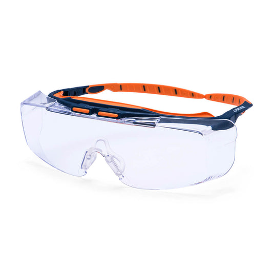 Over the Glasses Safety goggles with orange and blue frame from Glowsafetyvest