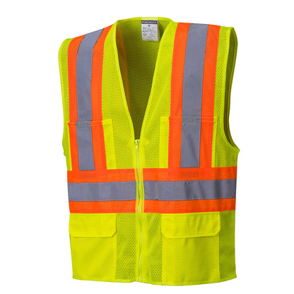 Custom yellow executive safety vest with six storage pockets, zipper front closure, and reflective tape in Glowsafetyvest