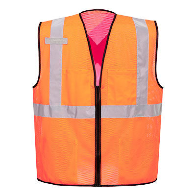 Orange safety vest with reflective X-back stripes and black trim from Glowsafetyvest