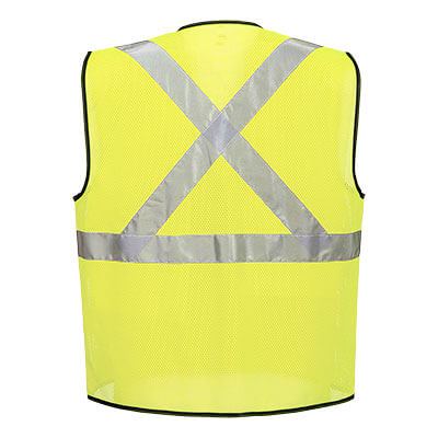 Yellow safety vest with reflective X-back stripes and Black Trim from Glowsafetyvest.