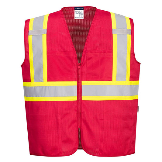 Red mesh safety vest with reflective yellow and gray tape from GlowSafetyVest