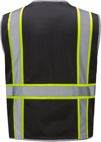 Black hi-vis safety vest with reflective yellow and silver stripes from GlowSafetyVest