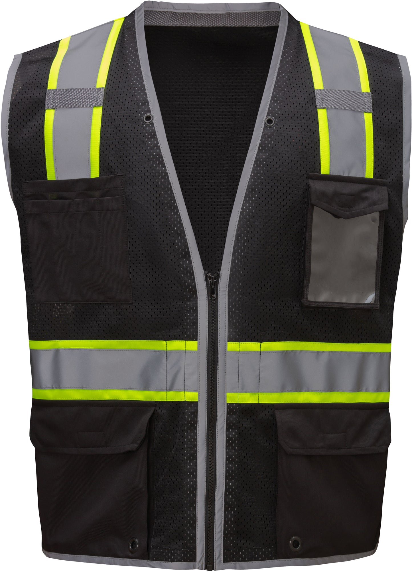 Black hi-vis safety vest with reflective yellow and silver stripes from GlowSafetyVest