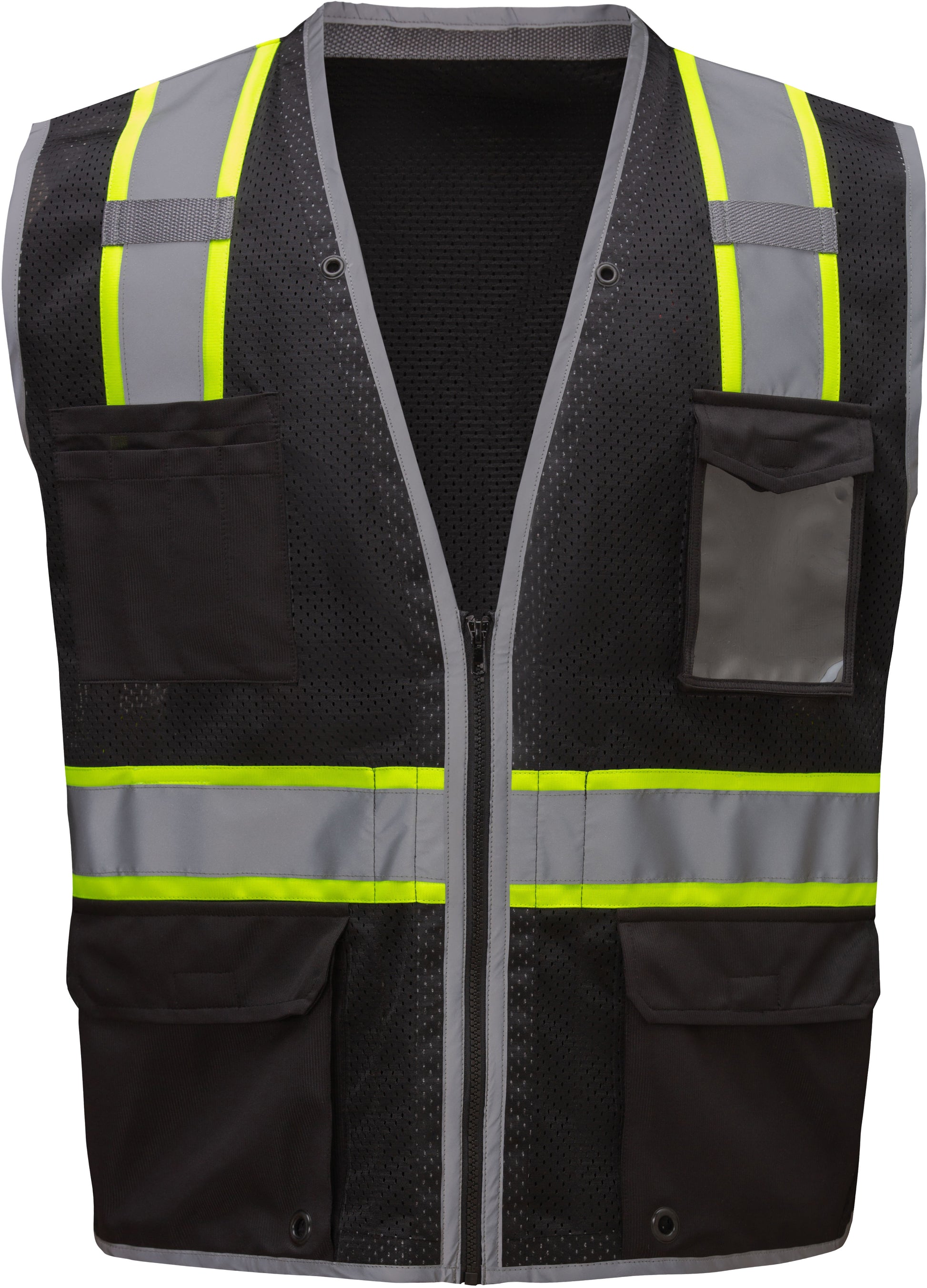 Black hi-vis safety vest with reflective yellow and silver stripes from GlowSafetyVest