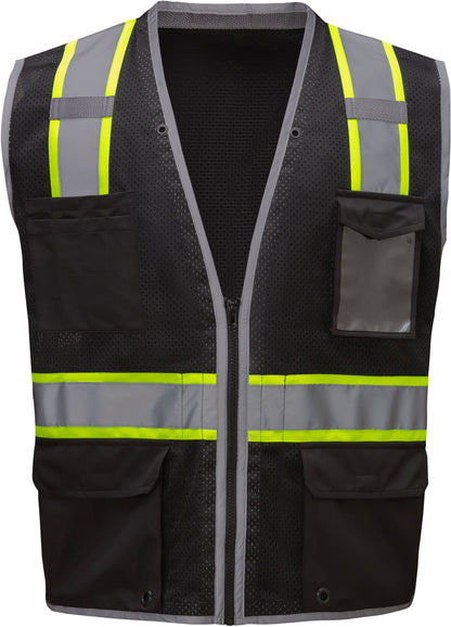 Black hi-vis safety vest with reflective yellow and silver stripes from GlowSafetyVest