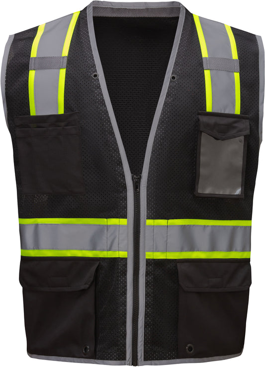 Black hi-vis safety vest with reflective yellow and silver stripes from GlowSafetyVest