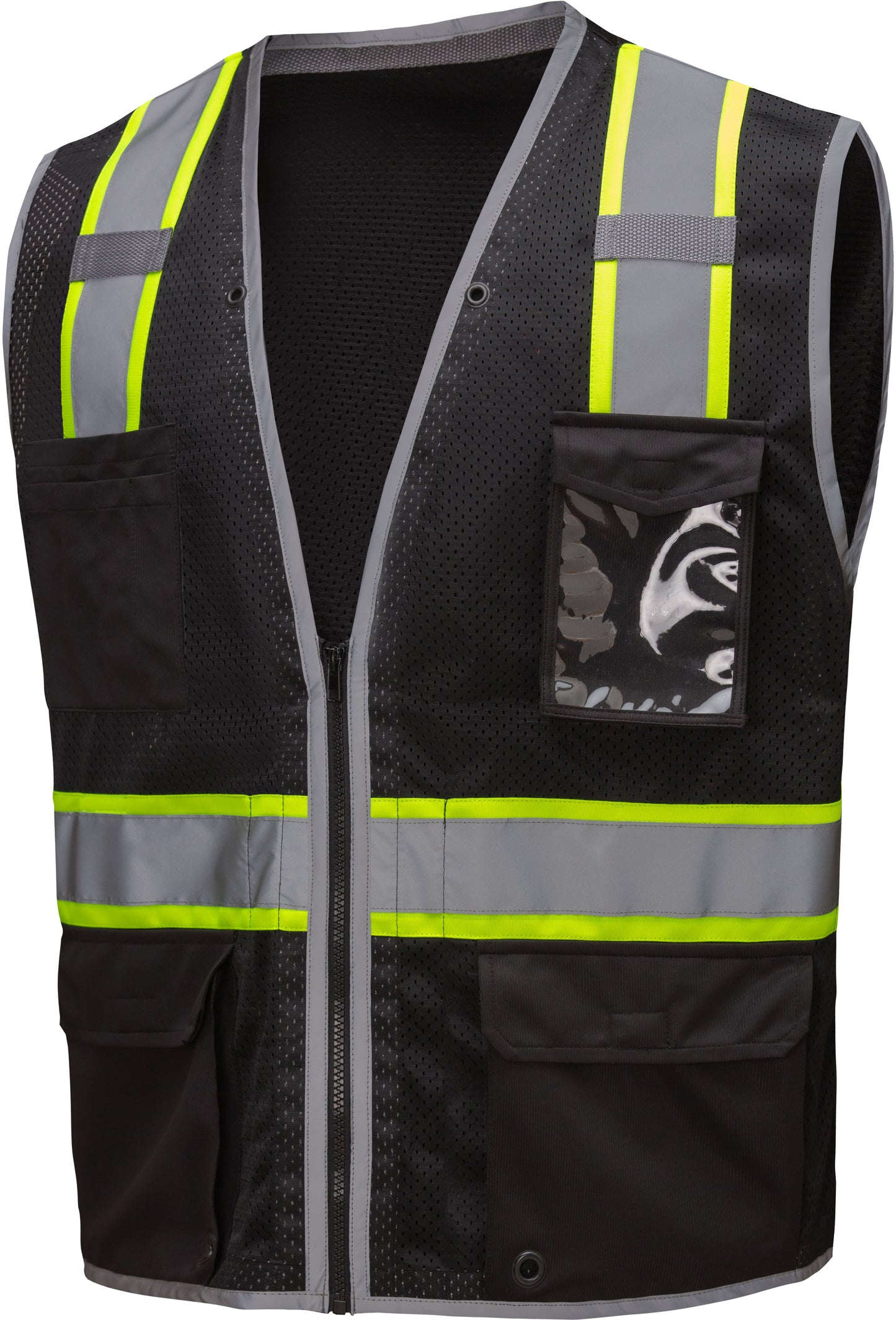 Black hi-vis safety vest with reflective yellow and silver stripes from GlowSafetyVest